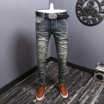 Модные Мужские джинсы в стиле Ретро, застиранные, эластичные, облегающие рваные джинсы, Мужские винтажные брюки, дизайнерские джинсовые брюки с заплатками 0