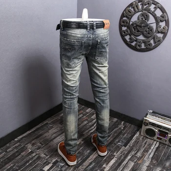 Модные Мужские джинсы в стиле Ретро, застиранные, эластичные, облегающие рваные джинсы, Мужские винтажные брюки, дизайнерские джинсовые брюки с заплатками 1
