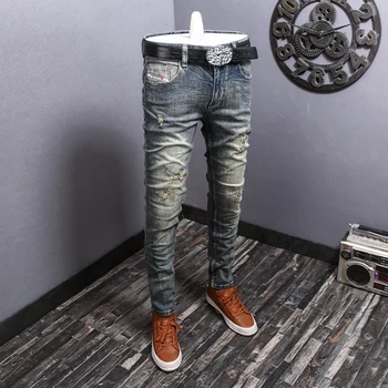 Модные Мужские джинсы в стиле Ретро, застиранные, эластичные, облегающие рваные джинсы, Мужские винтажные брюки, дизайнерские джинсовые брюки с заплатками 2