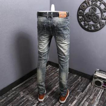 Модные Мужские джинсы в стиле Ретро, застиранные, эластичные, облегающие рваные джинсы, Мужские винтажные брюки, дизайнерские джинсовые брюки с заплатками 3
