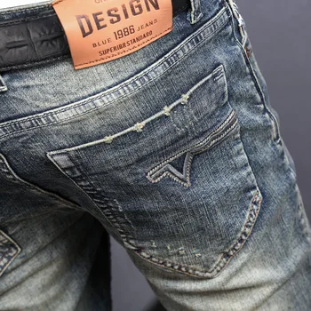 Модные Мужские джинсы в стиле Ретро, застиранные, эластичные, облегающие рваные джинсы, Мужские винтажные брюки, дизайнерские джинсовые брюки с заплатками 5