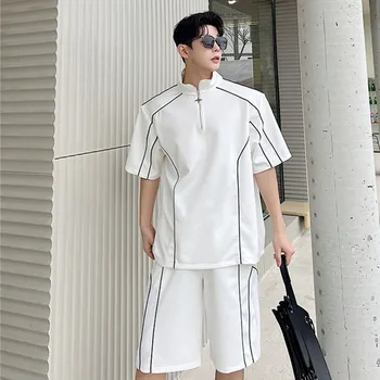 IEFB, летний новый модный мужской однотонный костюм, топ с воротником-стойкой, шорты с коротким рукавом, индивидуальный контрастный комплект из двух предметов 4