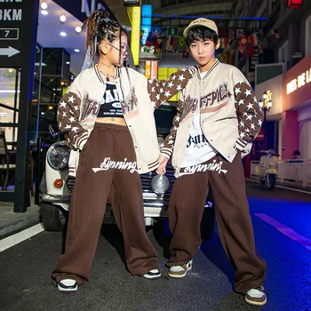 Детская одежда в стиле хип-хоп, бейсбольный кардиган, куртка, топ, коричневые повседневные спортивные штаны для девочек и мальчиков, танцевальный костюм, одежда
