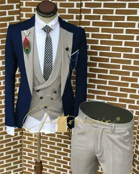 (Куртки + жилет + брюки) Приталенный Британский Деловой костюм Для мужчин, Комплект из трех предметов, Свадебное платье для шафера жениха, Комплекты из блейзеров, Костюм