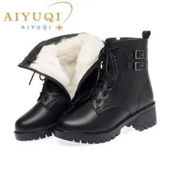 Женские зимние ботинки AIYUQI Большого размера; Новые теплые женские зимние ботинки из натуральной шерсти; Женские короткие ботинки из натуральной кожи Marton на среднем каблуке