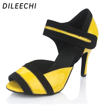DILEECHI /новые желтые туфли для латиноамериканских танцев из искусственной кожи, женские босоножки на высоком каблуке 8,5 см, туфли для бальных танцев, квадратные танцевальные туфли