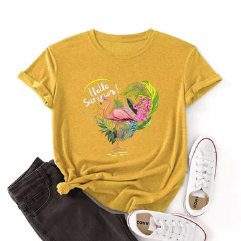 Женская футболка LingMeng с модным принтом, креативный рисунок фламинго, повседневные свободные топы с круглым вырезом