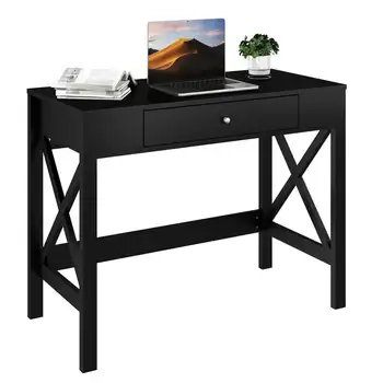 Письменный стол - Письменный стол с Х-образными ножками и выдвижным ящиком для хранения - Для домашнего офиса, спальни, компьютера или стола для рукоделия от (черный) 2
