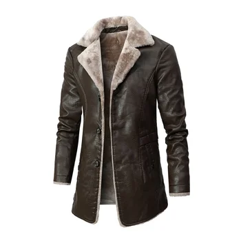 Зимняя мужская высококачественная кожаная куртка с лацканами, шерстяная мотоциклетная кожаная куртка, мужское длинное пальто из искусственной кожи для делового отдыха