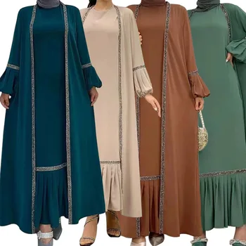 2023 Новое Мусульманское платье для Ближнего Востока, Комплект из 2 предметов, Пальто с длинными рукавами, кардиган в стиле пэчворк с блестками и Платье Со Складками По Низу, платье-хиджаб