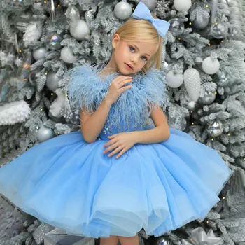 Милые Небесно-Голубые платья с цветочным узором, Бальное платье, детское Праздничное платье с перьями, праздничное платье длиной до колен для Тоддеров