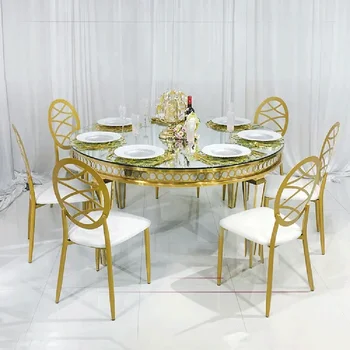 Набор мебели для столовой класса люкс в отеле с зеркальным золотом, стеклянный обеденный стол для свадебного банкета