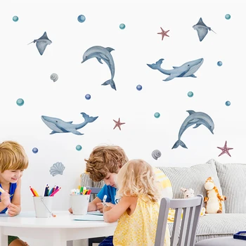 Мультяшные милые животные в океане, наклейка на стену с дельфином, виниловые наклейки на стену для детской комнаты, украшение дома