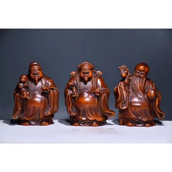 Китайская Ручная гравировка по дереву, 3 Статуи Бога Долголетия Фу Лу Шоу, Набор Подарков для Рукоделия, Украшение для дома