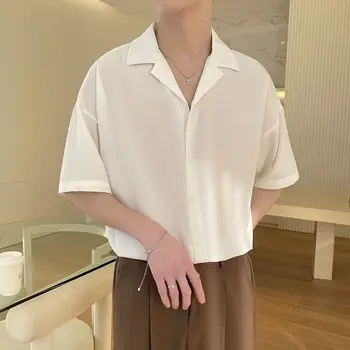2023 Корейская мода Мужская рубашка с кубинским воротником и коротким рукавом Мужская Летняя однотонная Деловая Повседневная Свободная белая рубашка из Драпа
