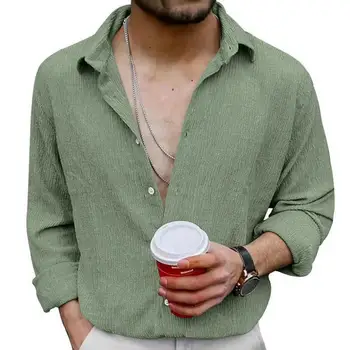 Осенне-весенняя мужская дышащая мягкая мужская весенняя рубашка в простом стиле с длинным рукавом средней длины, однобортная однотонная рубашка с отложным воротником