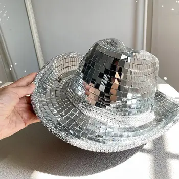 Зеркальная Диско-ковбойская шляпа, Потрясающие шляпы с диско-шарами, Светоотражающие блестки, ковбойка для Дня рождения, праздничных вечеринок, реквизит для фотосессий