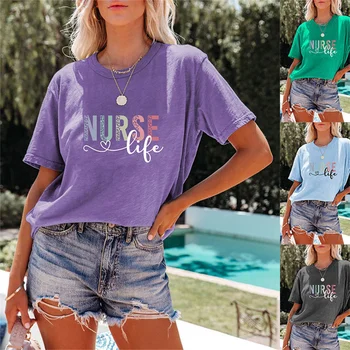 Новая летняя хлопковая женская повседневная футболка NURSELife с монограммой и простым принтом, модная футболка с изображением супер животных, вооруженная круглым вырезом и коротким рукавом