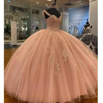 Новые Пышные платья Принцессы Розового цвета, расшитые блестками, бисером, без рукавов, с аппликацией, Бальное платье из тюля, Vestidos De 15 Años