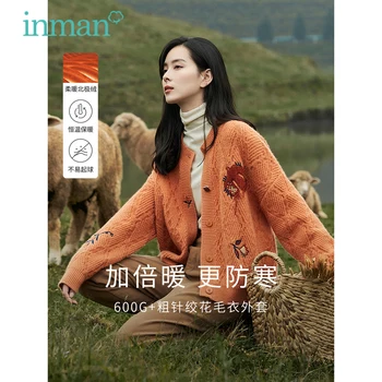 Женский вязаный кардиган INMAN, зимний свободный свитер с длинным рукавом и круглым вырезом, забавная вышивка, повседневные универсальные оранжево-зеленые топы