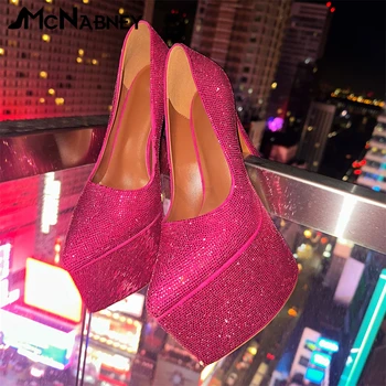 Туфли-лодочки на платформе с острым носком и шпильке, Розовые Роскошные сверкающие туфли на высоком каблуке для женщин, модный стиль, женские каблуки со стразами