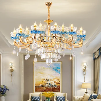 Стильная люстра для гостиной, синяя керамическая хрустальная лампа, люстра для гостиной, вилла, роскошный элегантный ресторан отеля