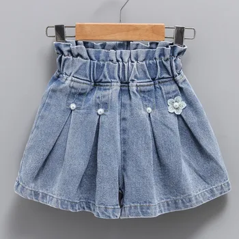 Летние Джинсовые шорты для маленьких мальчиков, Гарем Для девочек, Синие шорты с оборками и средней эластичной талией, Детские Эластичные короткие джинсы, Детская одежда