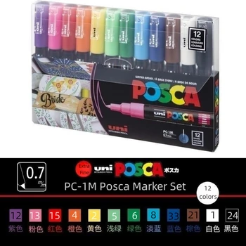 Набор акриловых красок-маркеров Uni Posca, PC-1M/3M/5M-12/16 цветов на водной основе, Нетоксичные для раскрашивания каллиграфических надписей
