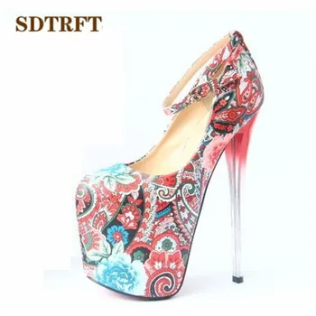 SDTRFT Трансвестит с цветочным принтом, пикантные клубные туфли-лодочки на высоком тонком каблуке 20 см, свадебные туфли-лодочки с пряжкой, женские туфли на шпильке размера плюс: 35-45, 46, 47