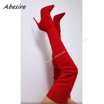 Abesire/ Красные Замшевые сапоги выше колена, Слипоны, Плиссированные Однотонные женские туфли на шпильке, Новые Zapatillas Mujer