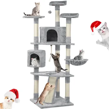 Изящный 79-дюймовый многоуровневый кондоминиум Cat Tree с когтеточками и лестницами, удобной светло-серой обивкой для Вашей кошачьей картошки Фри